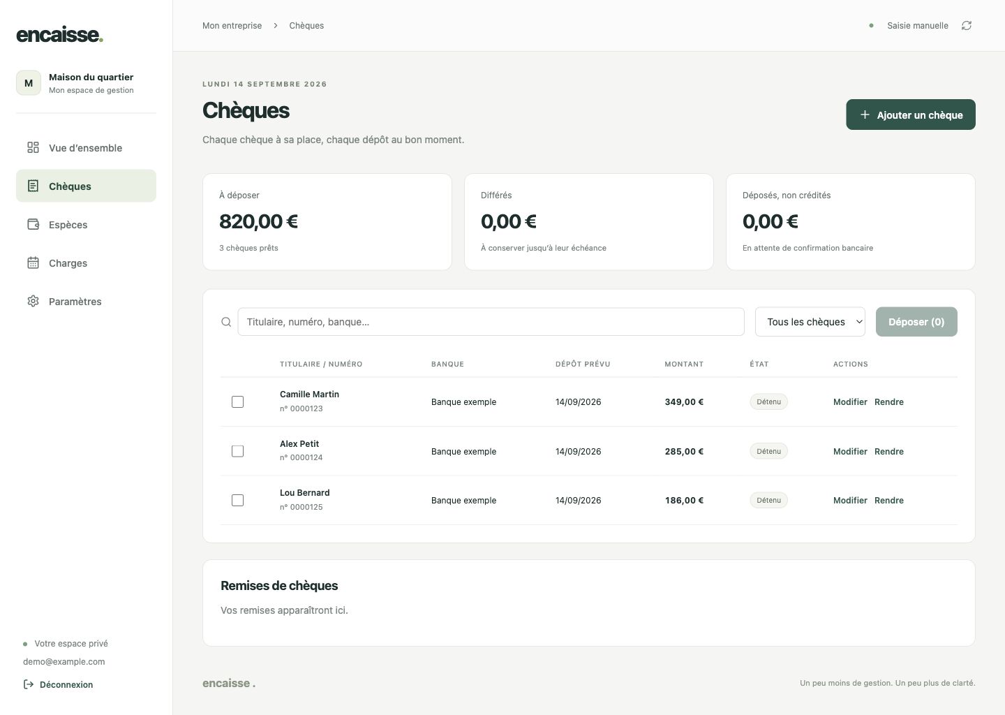 Écran Chèques : indicateurs des chèques à déposer et différés, recherche, liste des titulaires et sélection pour une remise.