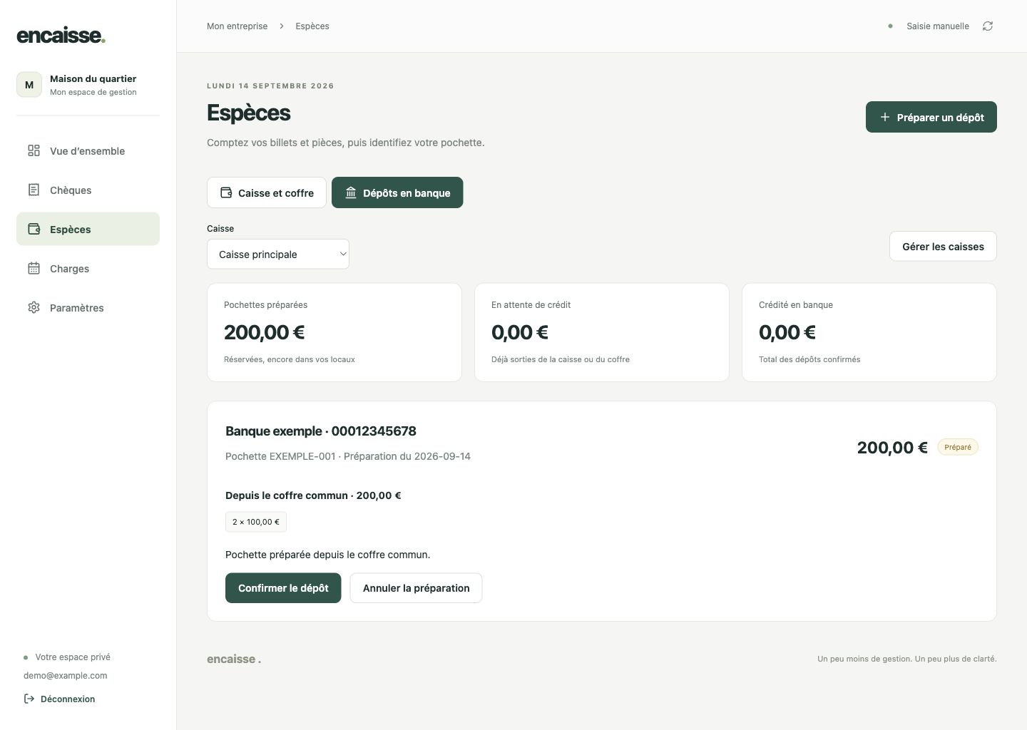 Écran Dépôts en banque : pochette EXEMPLE-001 de 200 euros, compte de destination, deux billets de 100 euros et état Préparé.